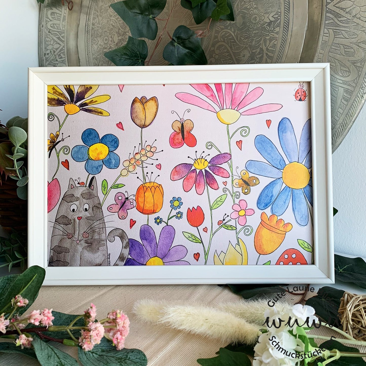 Katze Artprint A4 Blumen Garten bunt
