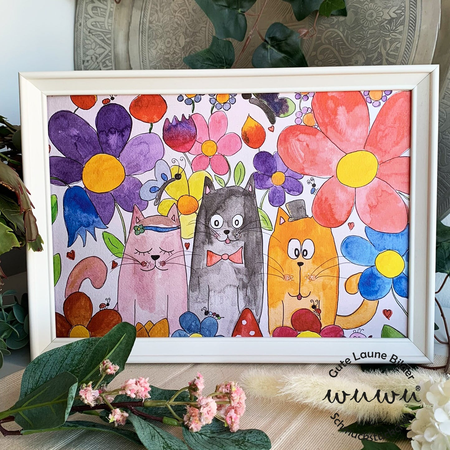 Katze Artprint A4 Blumen Garten bunt Katzentrio naive Kunst