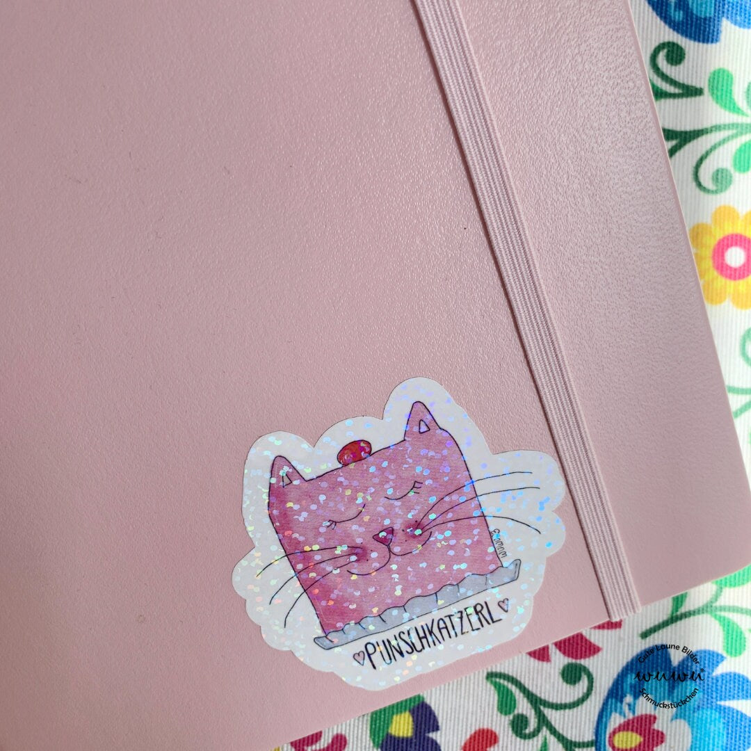 Sticker Glitzer Punschkatzerl Punschkrapferl Punschkrapfen Katzen Mehlspeise Wien Aufkleber Etiketten