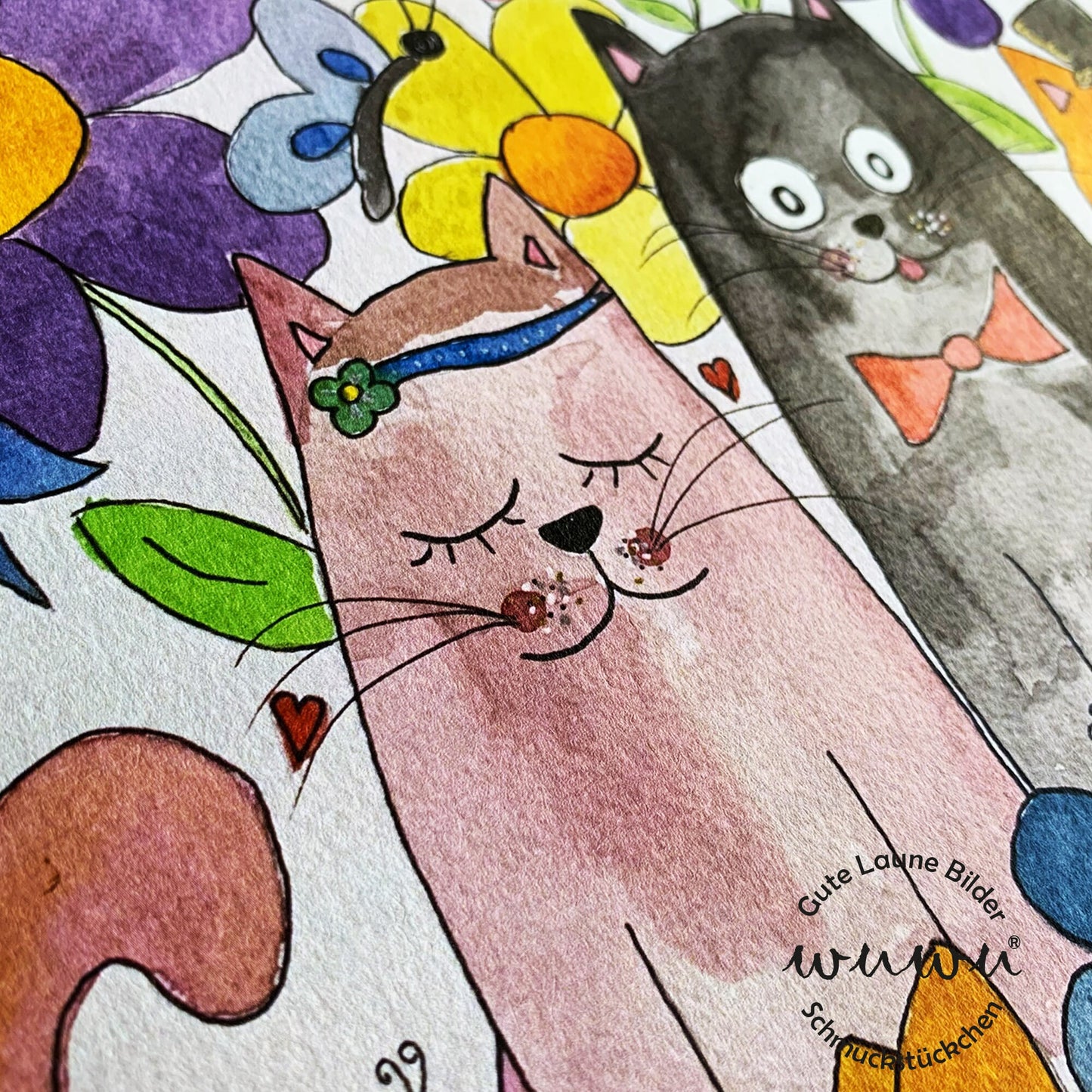 Katze Artprint A4 Blumen Garten bunt Katzentrio naive Kunst