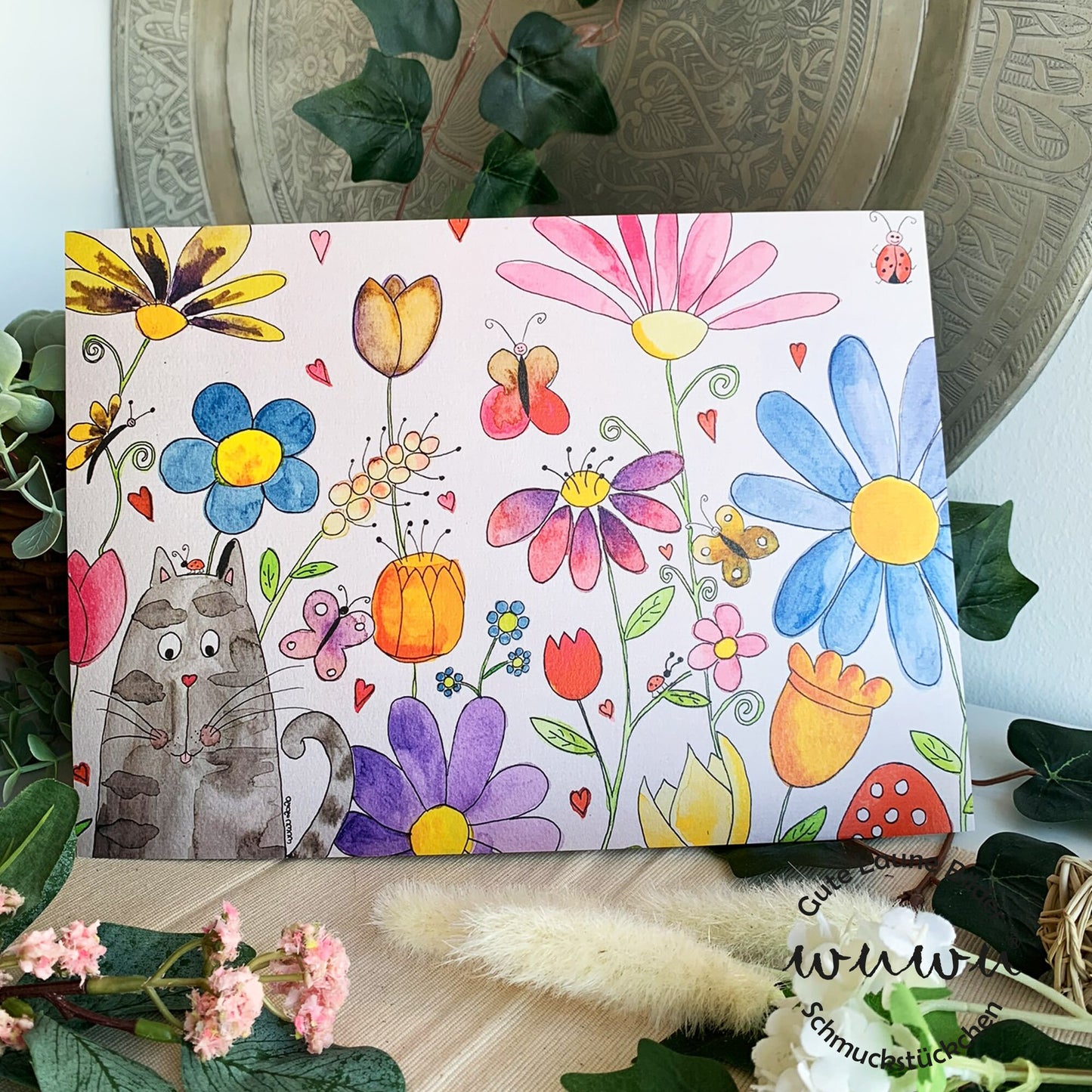 Katze Artprint A4 Blumen Garten bunt