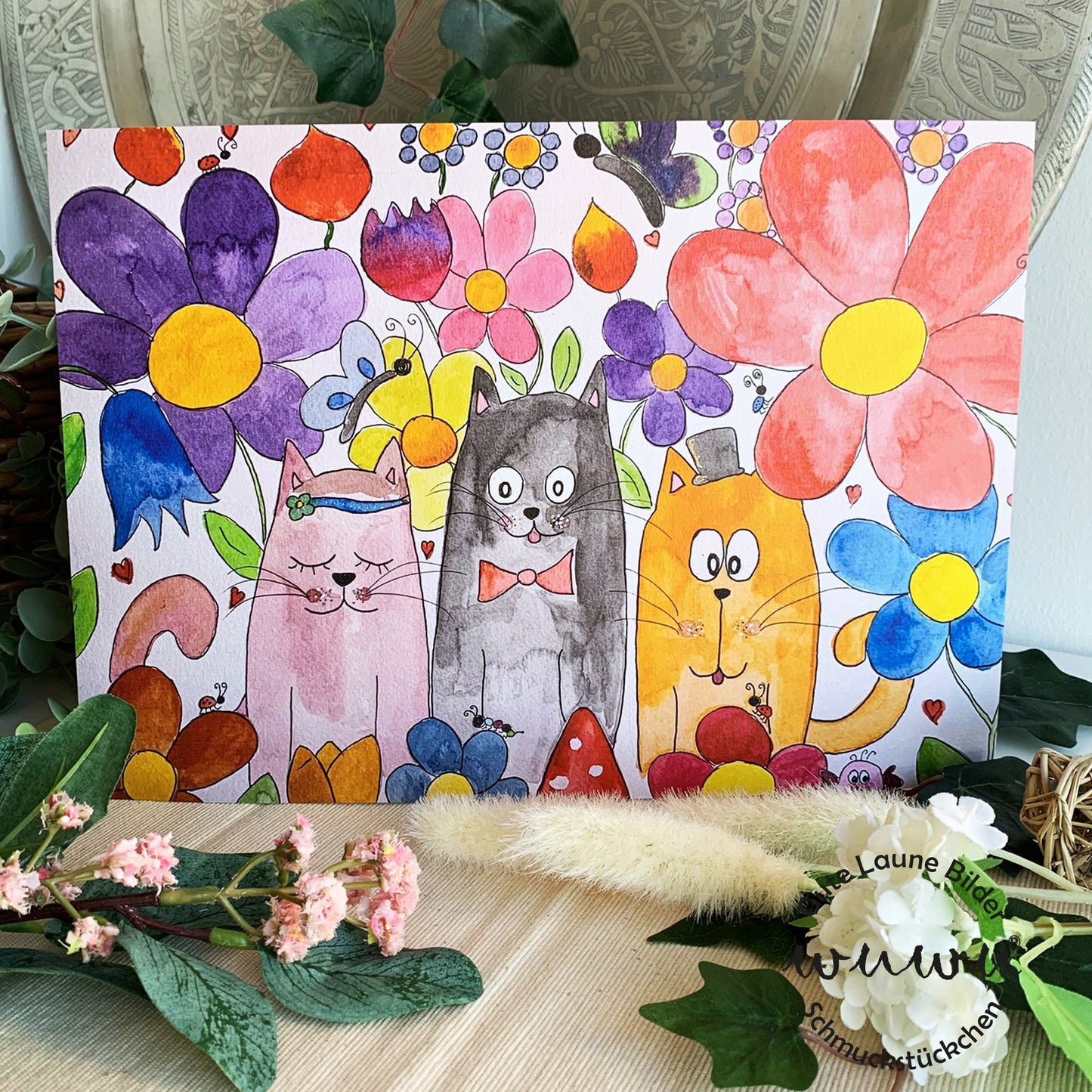 Katze Artprint A4 Blumen Garten bunt Katzentrio naive Kunst