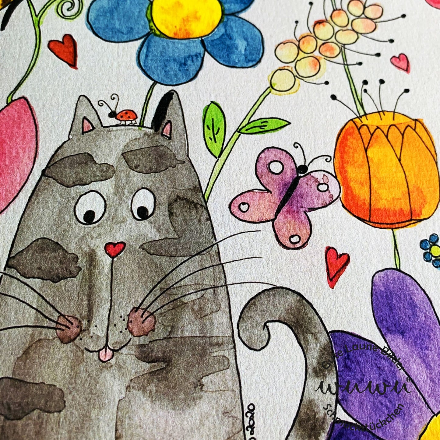 Katze Artprint A4 Blumen Garten bunt