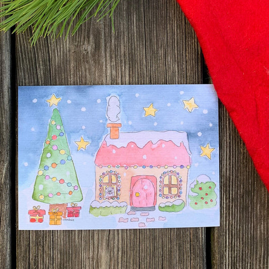 1 Grußkarte / Katze / Weihnachten / Weihnachtskarte / Winterlandschaft