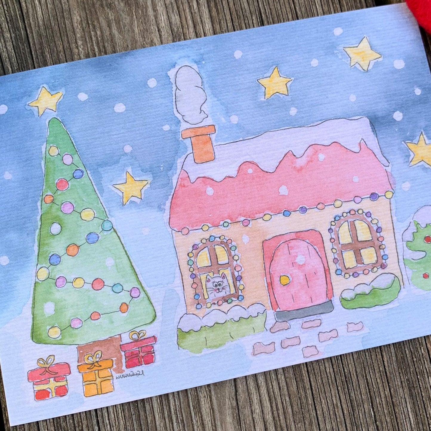 1 Grußkarte / Katze / Weihnachten / Weihnachtskarte / Winterlandschaft