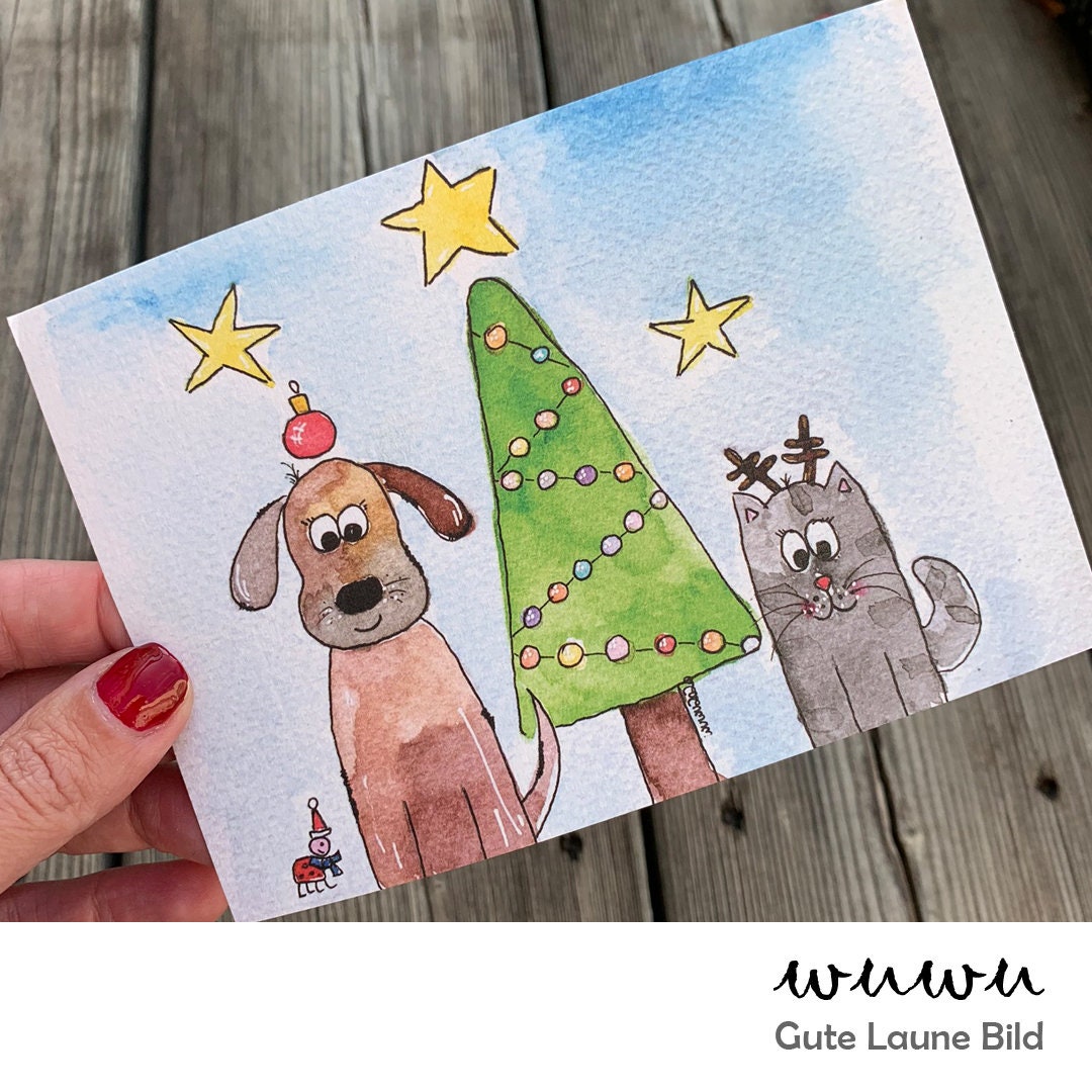1 Grußkarte / wuwu Katze und Hund / Weihnachten / XMas / Christmas