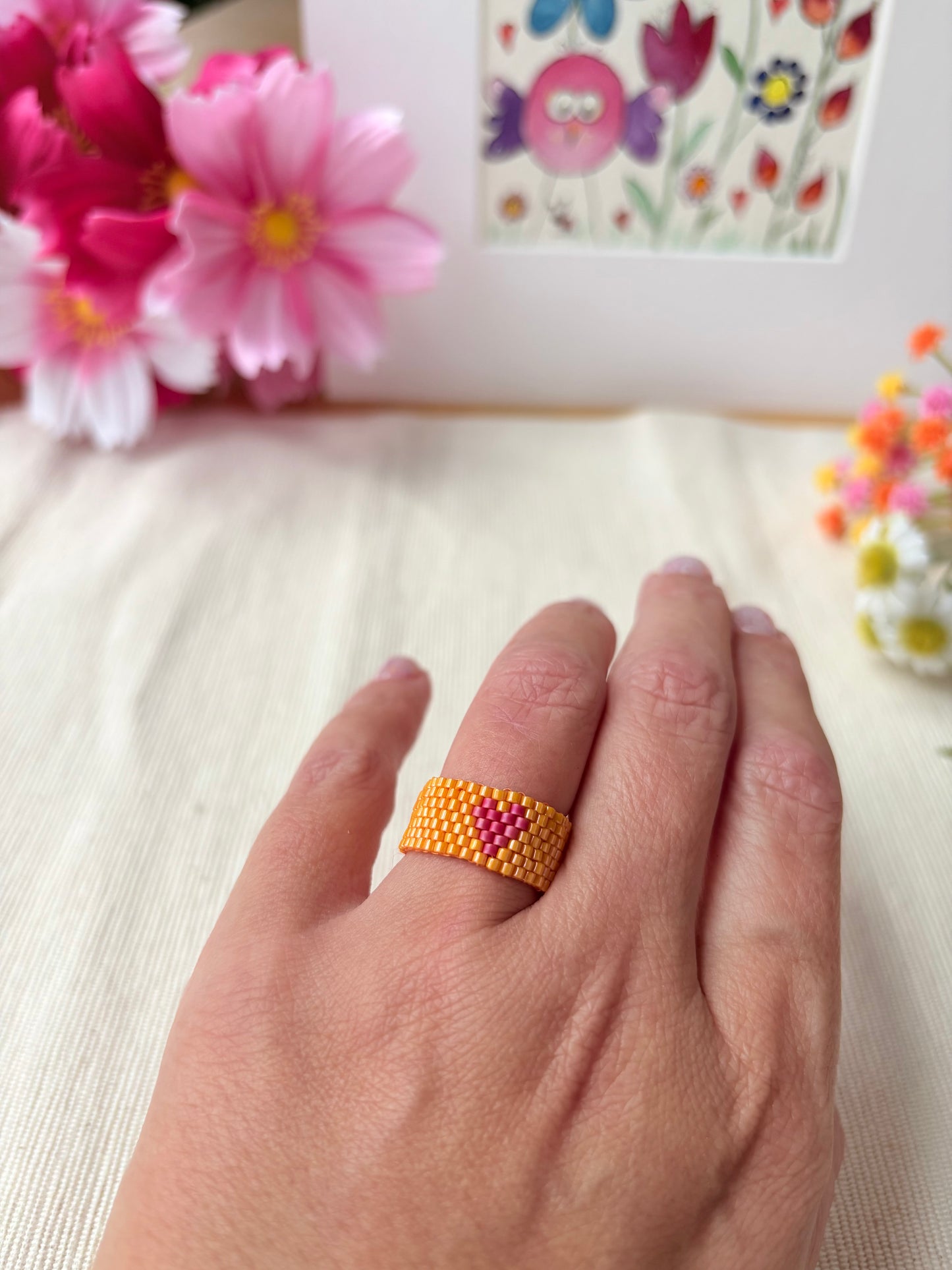 Herz Ring schwarz / weiss / orange / petrol /flach / Boho & Hippie / Perlenring