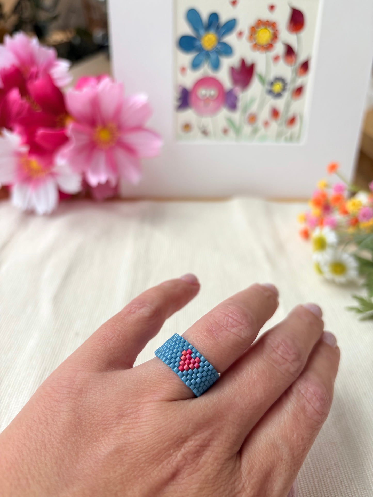 Herz Ring schwarz / weiss / orange / petrol /flach / Boho & Hippie / Perlenring