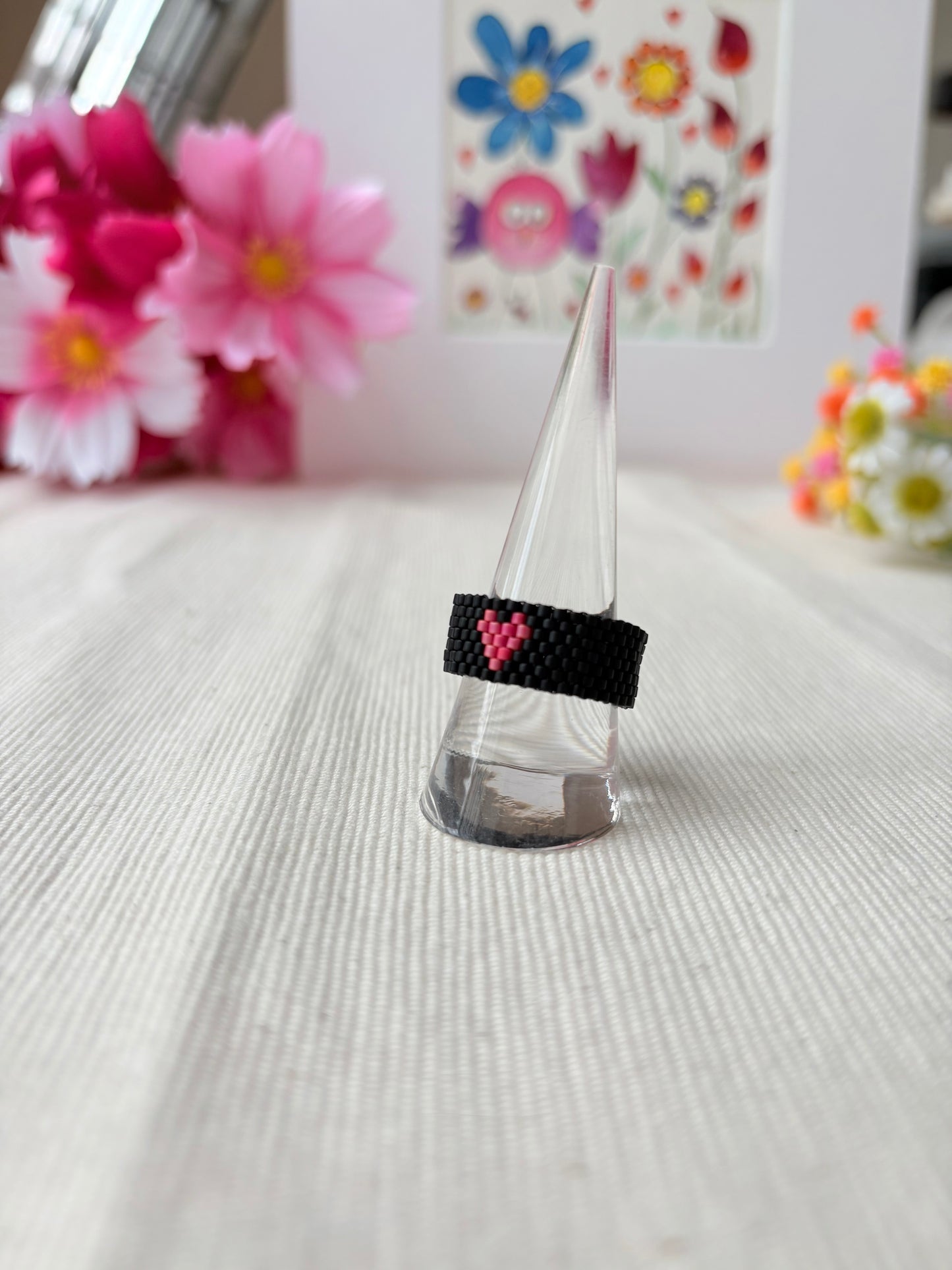 Herz Ring schwarz / weiss / orange / petrol /flach / Boho & Hippie / Perlenring