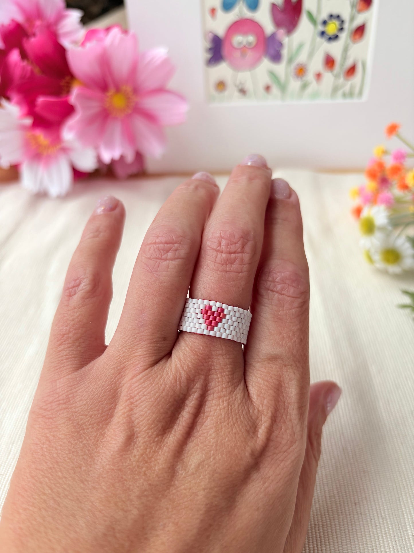 Herz Ring schwarz / weiss / orange / petrol /flach / Boho & Hippie / Perlenring