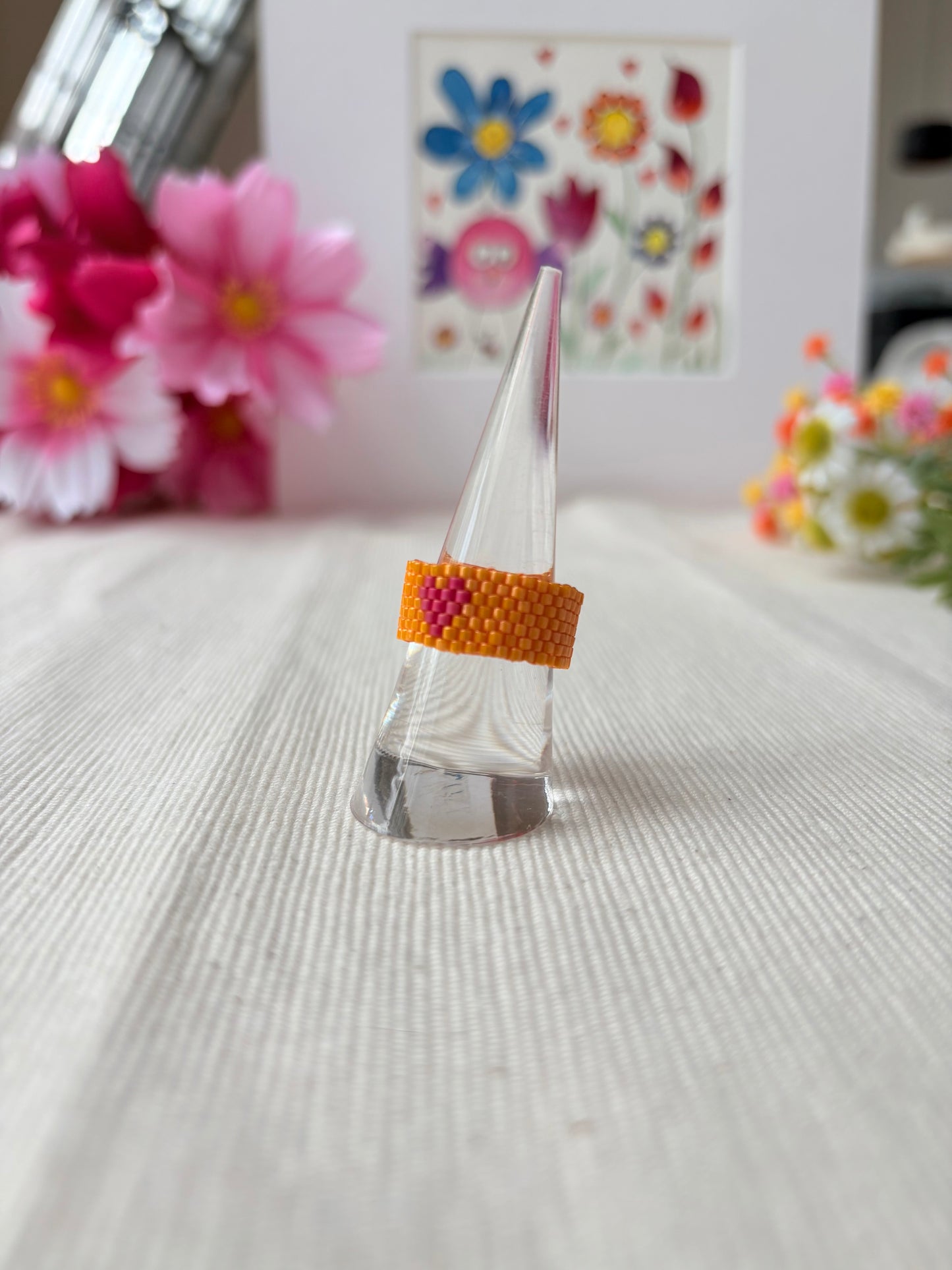 Herz Ring schwarz / weiss / orange / petrol /flach / Boho & Hippie / Perlenring