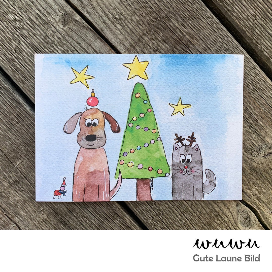 1 Grußkarte / wuwu Katze und Hund / Weihnachten / XMas / Christmas